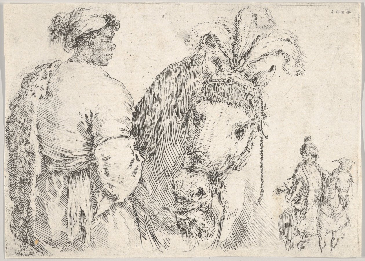 Un homme à gauche de profil donnant une poignée de foin à un cheval au centre, un cavalier à t..., vers 1662 - Stefano della Bella