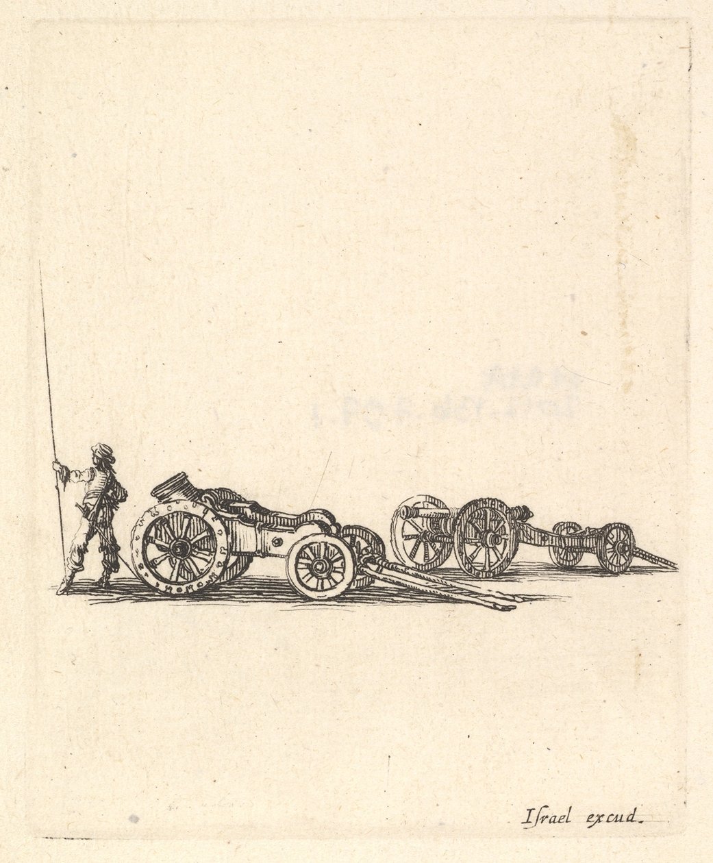 Un mortier et un canon, tous deux montés sur des chariots, un soldat vu de dos - Stefano della Bella