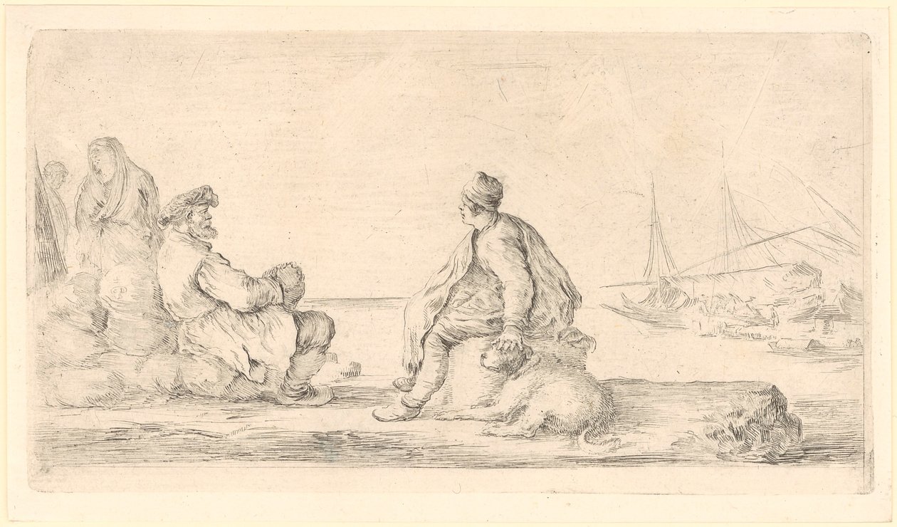 Un marin âgé et un jeune marin sont assis au bord de la mer - Stefano della Bella