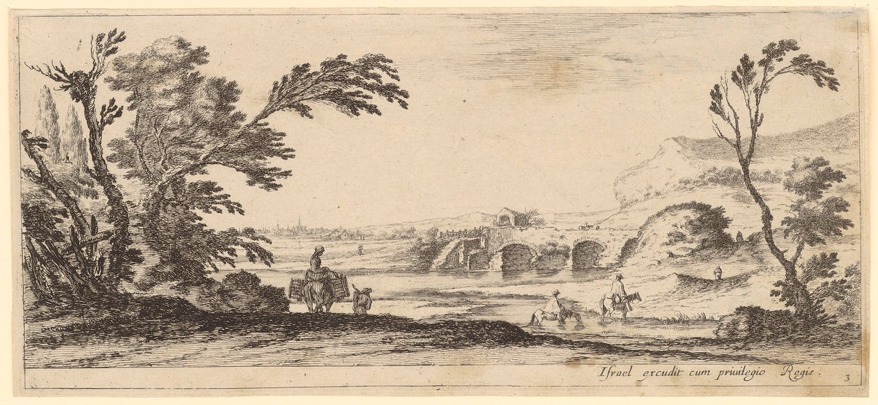 Une paysanne sur une bête de somme, des paysans et deux cavaliers traversant une rivière - Stefano della Bella