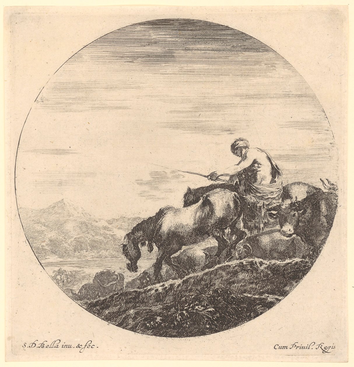 Bauer conduit ses animaux vers la gauche, en direction de la rivière, feuille n° 2 de la série « Six motifs animaliers en forme circulaire » - Stefano della Bella