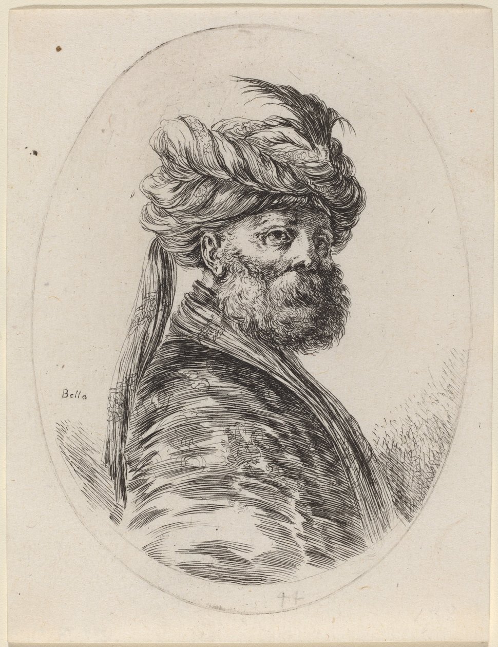 Maure barbu avec un turban à plumes et un voile, tourné vers la droite - Stefano della Bella