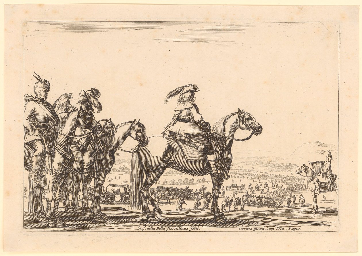 Commandant à cheval, avec la cavalerie derrière lui, feuille n° 3 de la série « Personnages divers » - Stefano della Bella