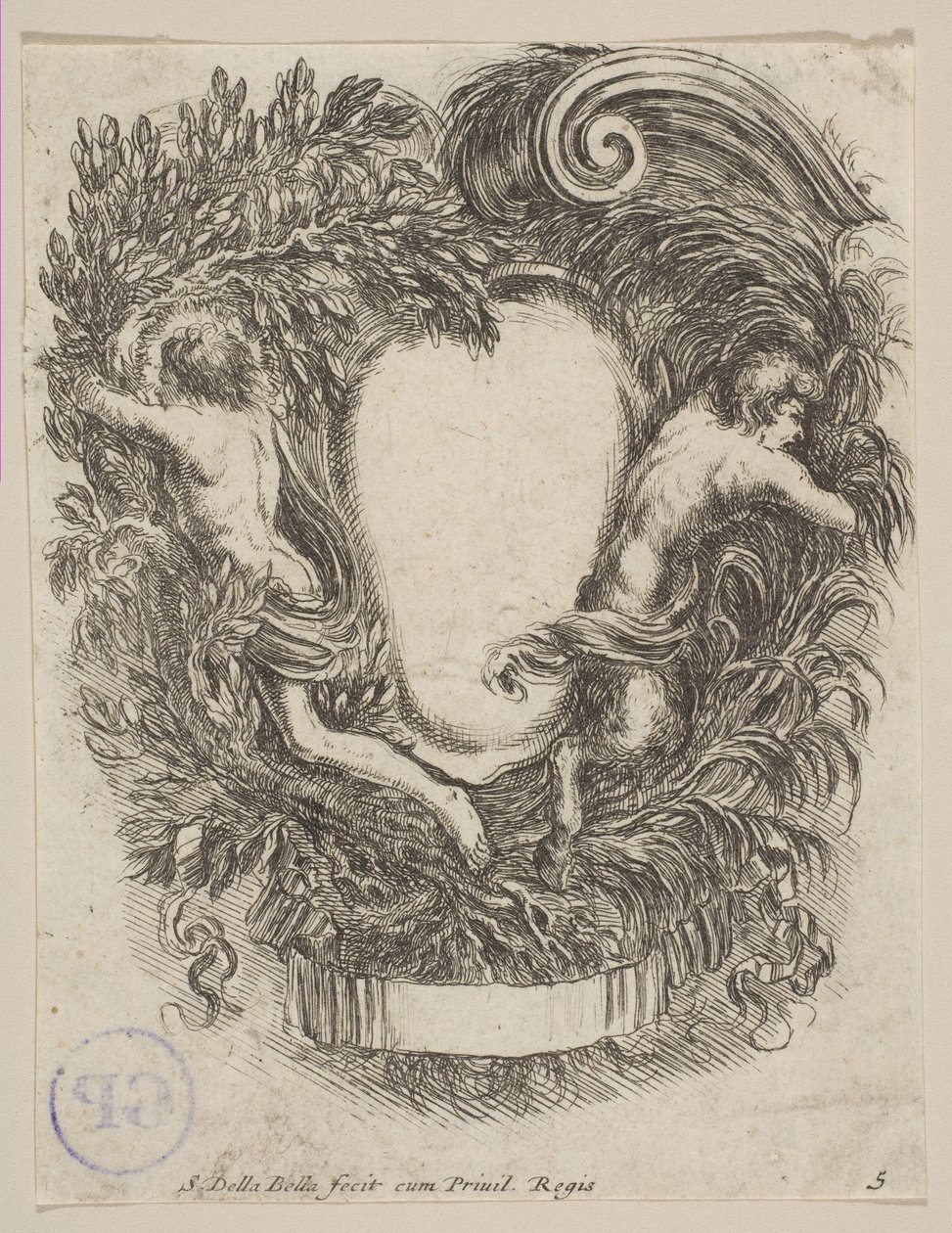 Cartouche encadré par Apollon et Pan, 1647 - Stefano della Bella