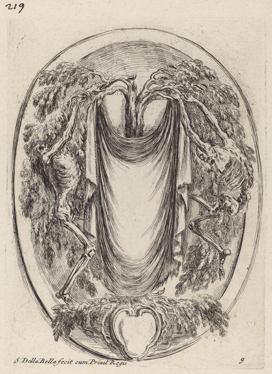 Cartouche en forme de drapé suspendu à un cyprès flanqué de squelettes - Stefano della Bella