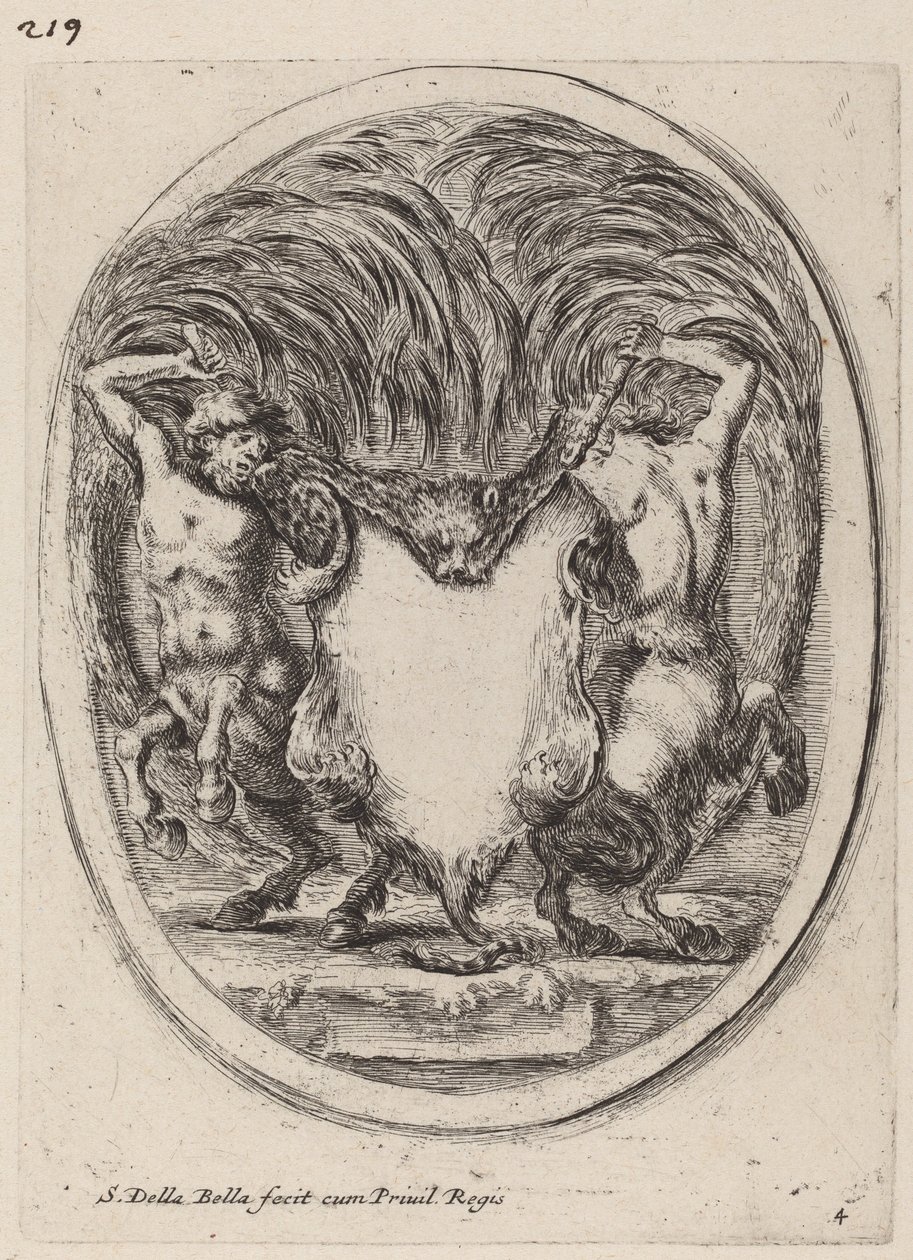 Cartouche en forme de tigre écorché soutenu par des centaures - Stefano della Bella