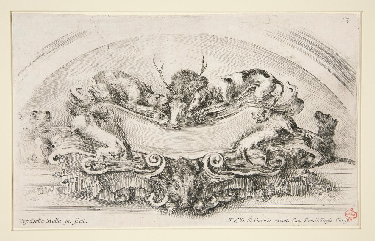 Cartouche avec chiens, cerf et tête de sanglier - Stefano della Bella