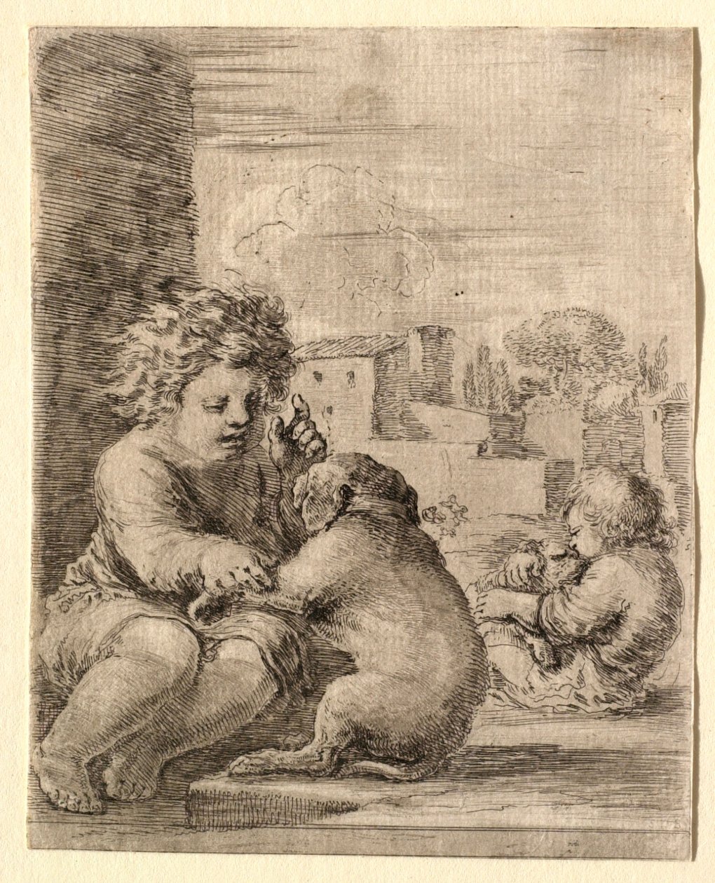Enfant apprenant à un chien à se tenir assis sur ses pattes arrière - Stefano della Bella