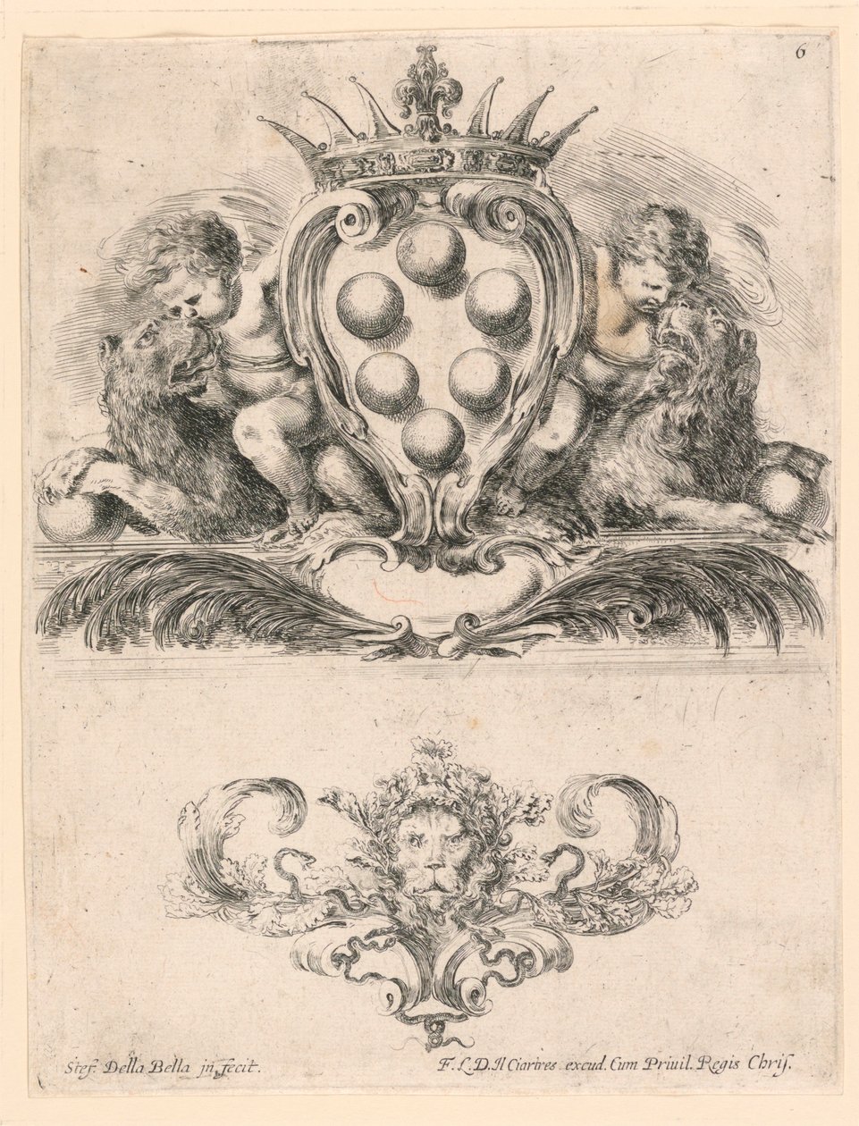 Armoiries du Grand-Duc de Toscane: Ornement avec un Masque de Lion, No. 6 de "Raccolta di varii cappriccii et nove inventioni di cartelle et ornamenti" - Stefano della Bella