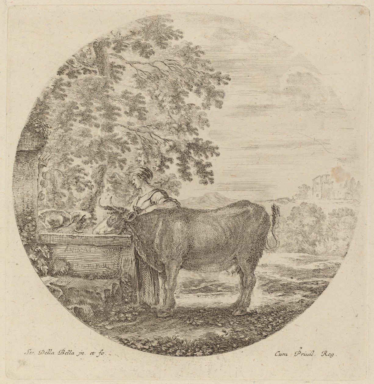 Vache et jeune berger à une fontaine - Stefano della Bella