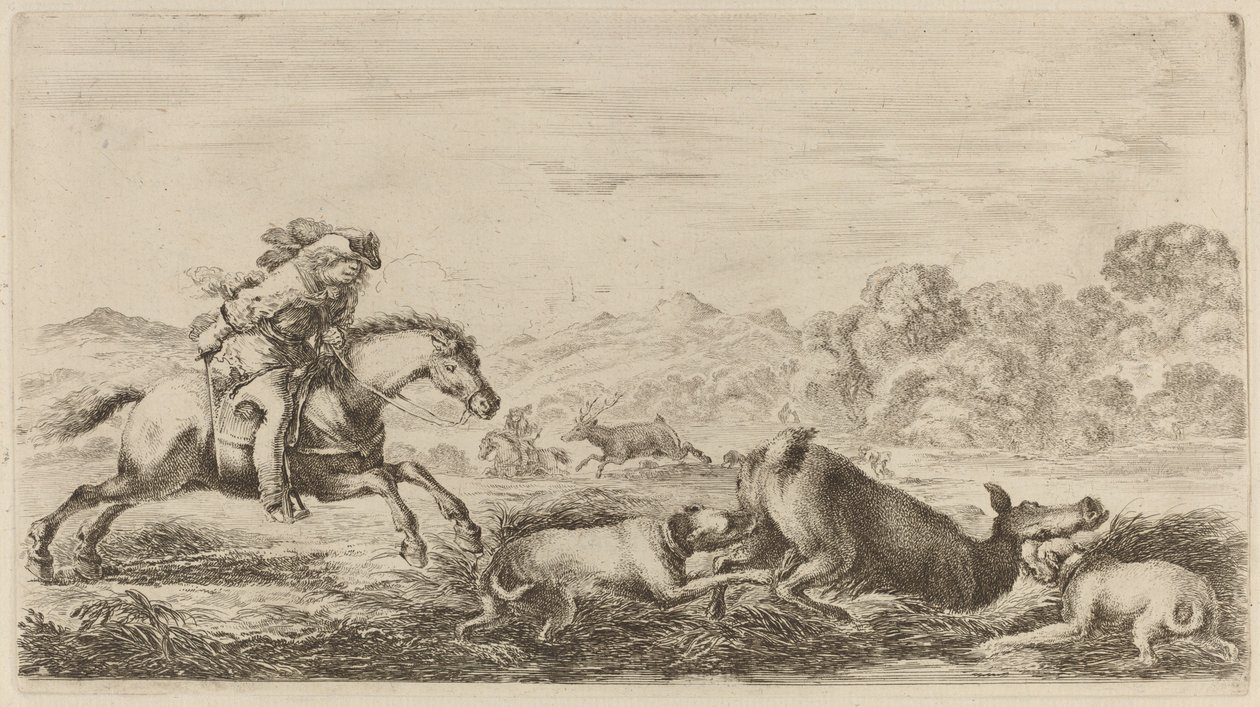 Biche dans un marais attaquée par deux chiens - Stefano della Bella