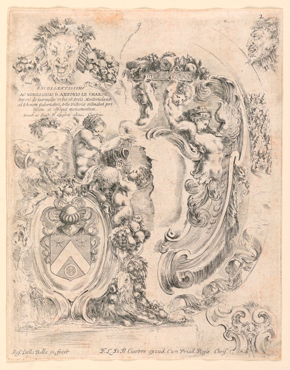 Armoiries et détails pour armoiries, n° 2 de "Raccolta di varii cappriccii et nove inventioni di cartelle et ornamenti" - Stefano della Bella