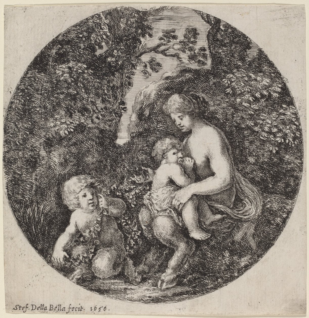 Satyresse allaitant un enfant dans un paysage boisé - Stefano della Bella