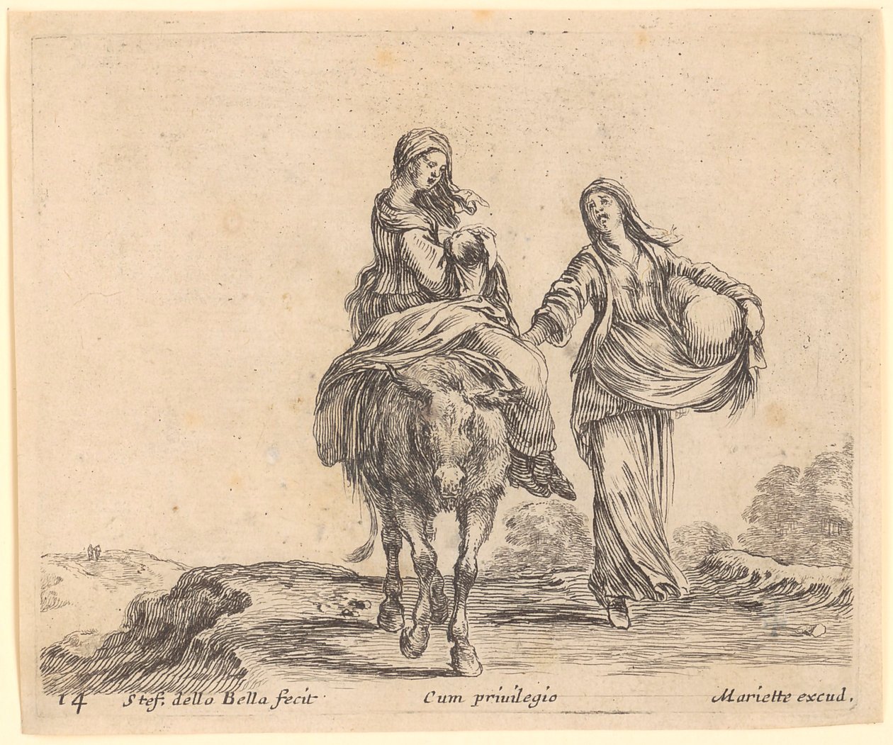 Femme avec enfant sur un âne, accompagnée d