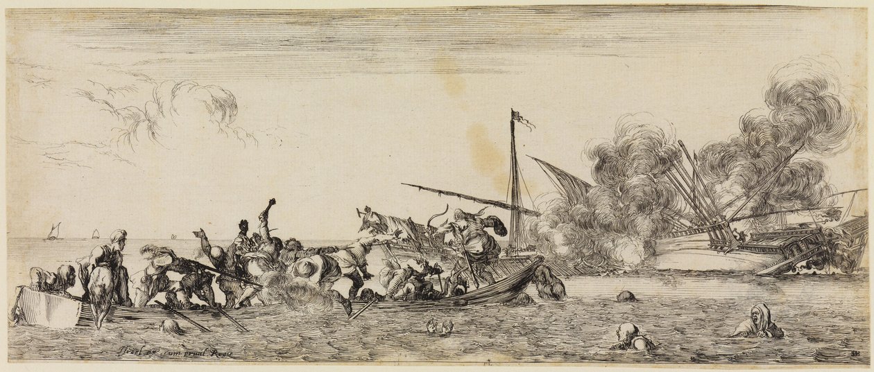 La paix et la guerre (Et pace et bello) : bataille navale avec une barque au premier plan - Stefano della Bella