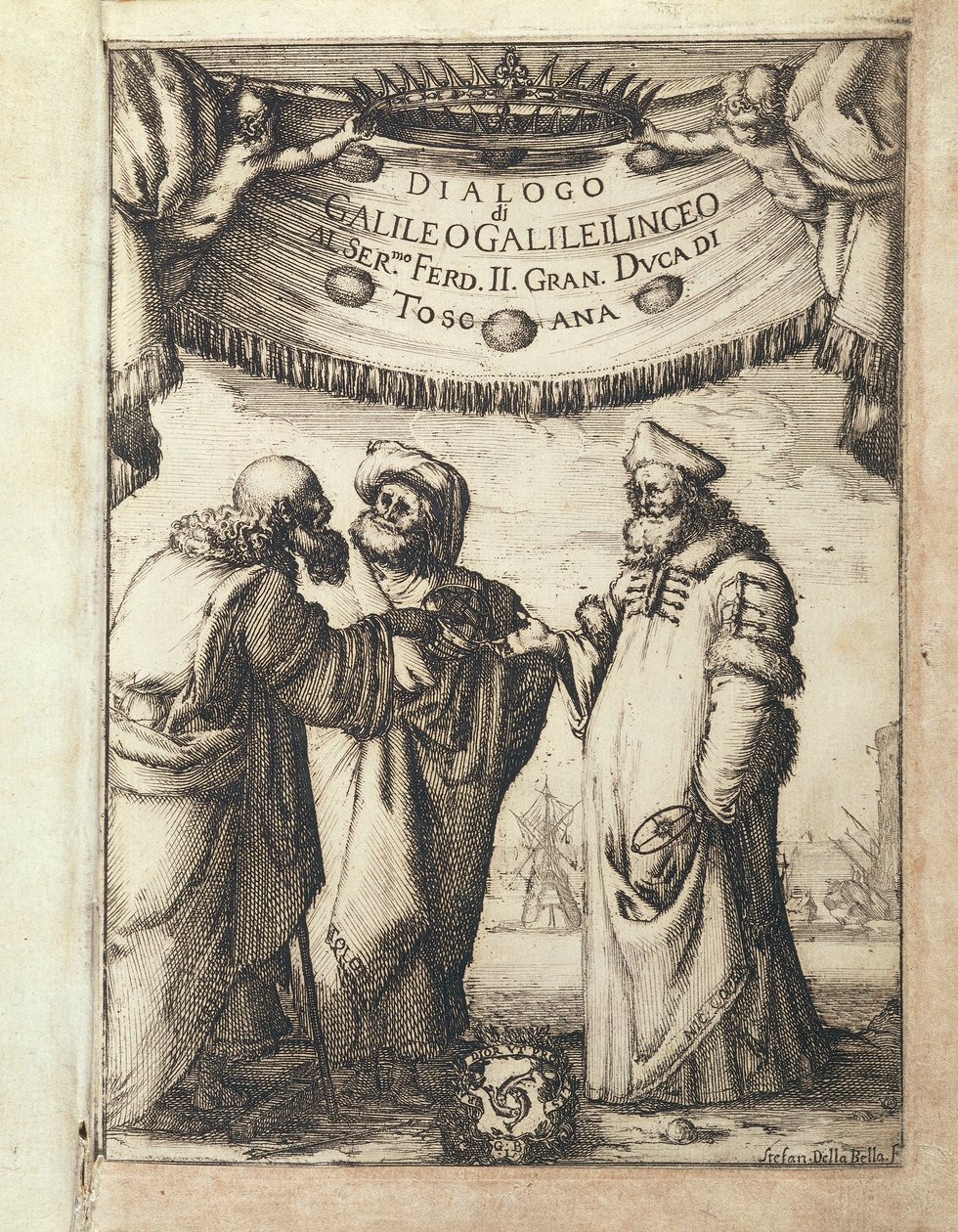 Galilée (à gauche) conversant avec Ptolémée (au centre) et Copernic, frontispice illustré du Dialogo sopra i due Massimi Sistemi del Mondo, Tolemaico e Copernicano - Stefano della Bella