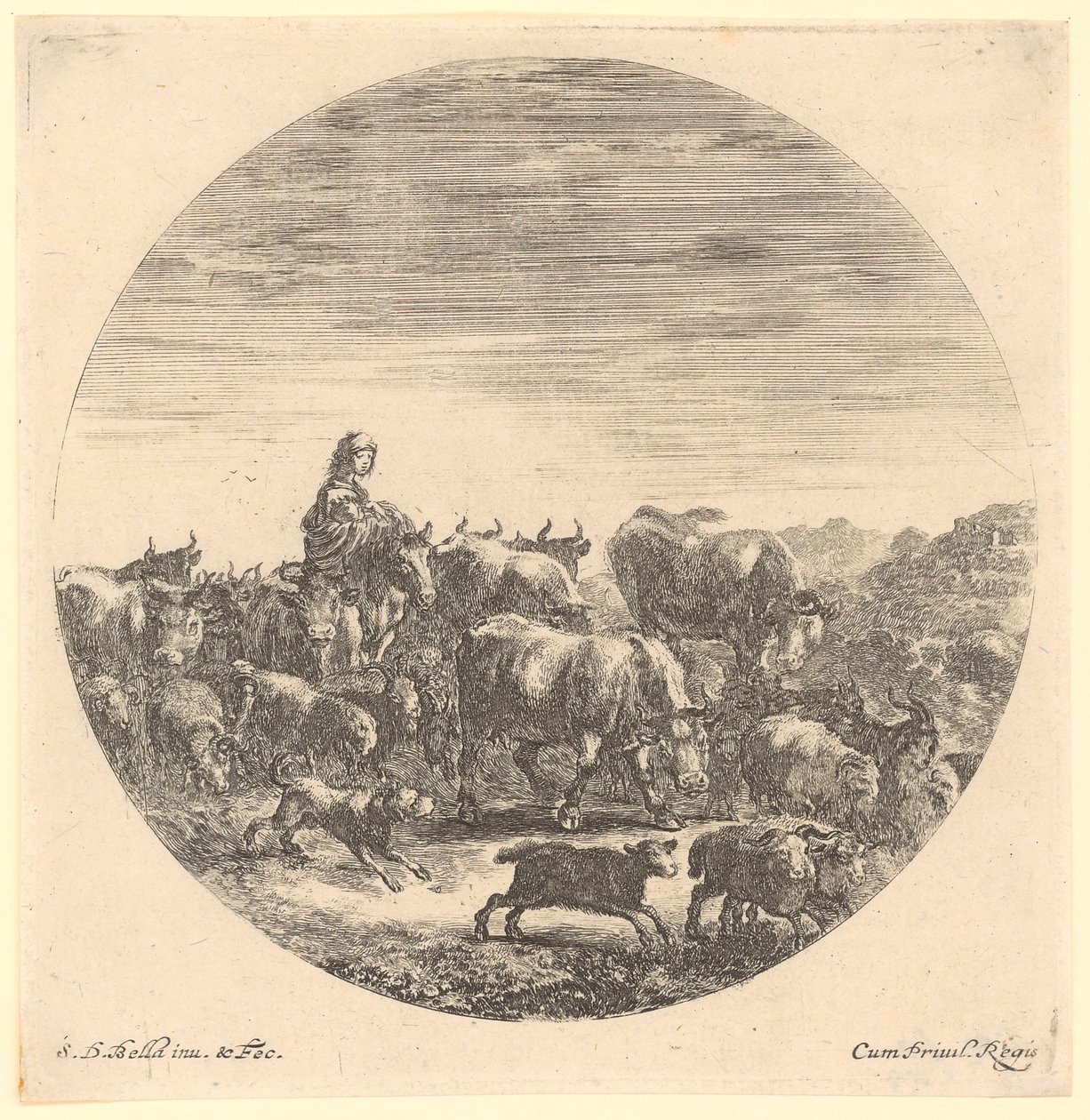 Bergère à cheval avec un troupeau de vaches et de moutons, feuille n° 5 de la série « Six motifs animaliers en forme circulaire » - Stefano della Bella