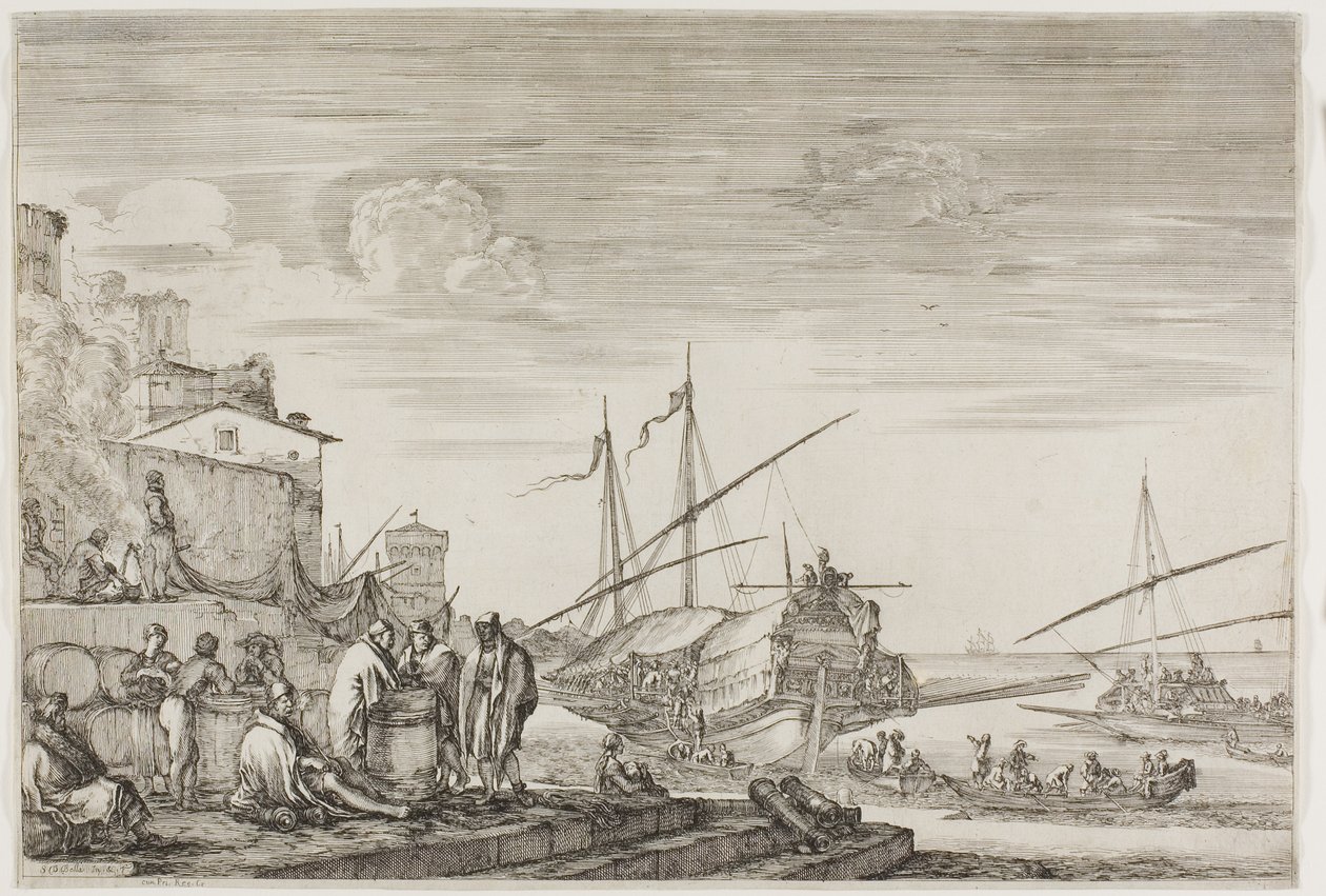 Vues du port de Livourne : Maisons surplombant un port - Stefano della Bella