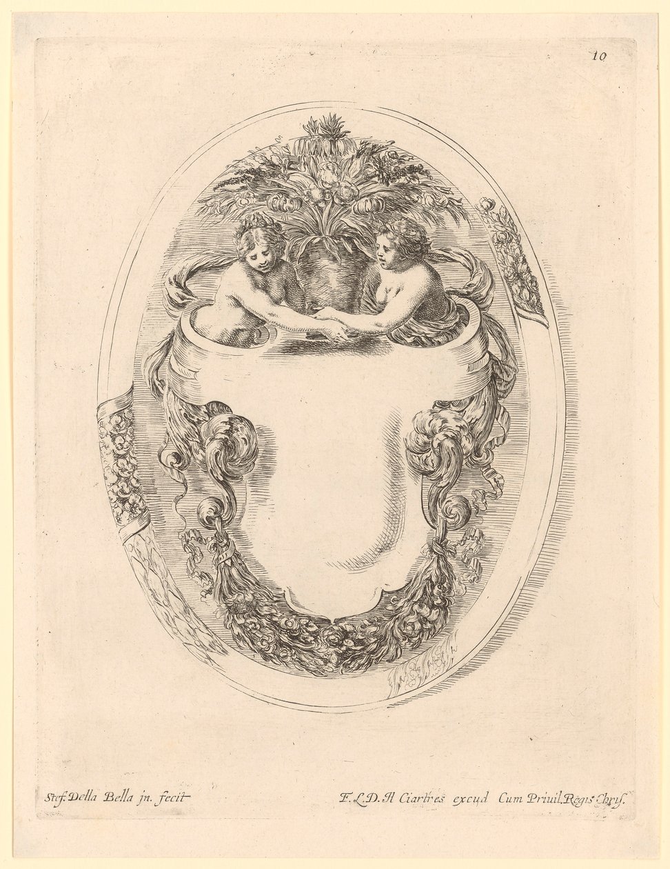 Cartouche représentant deux femmes et un vase de fleurs - Stefano della Bella