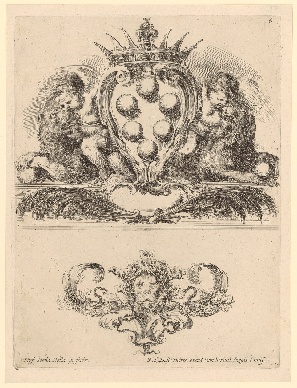 Cartouche représentant deux enfants sur des lions, avec une tête de lion en bas - Stefano della Bella
