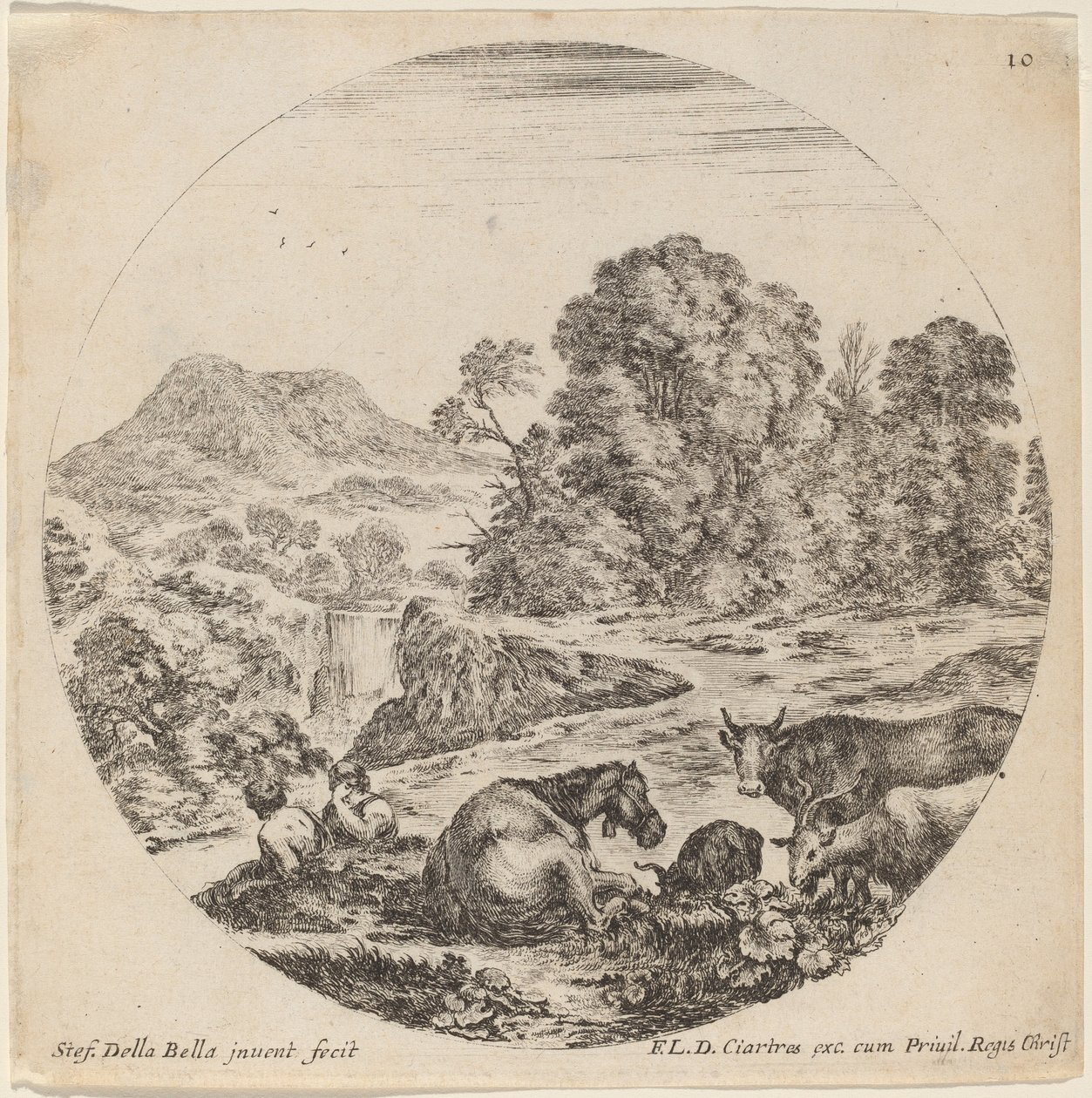 Paysage avec des animaux et deux bergers assis, 1646 - Stefano della Bella