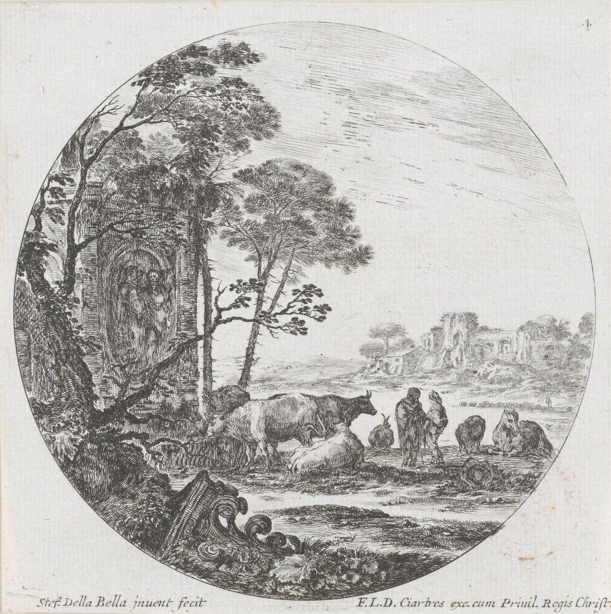 Paysage avec troupeau et chapiteau corinthien - Stefano della Bella