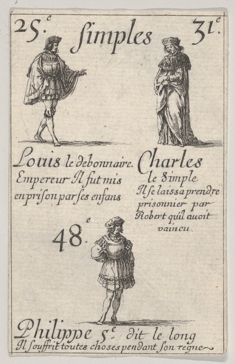 Louis le Débonnaire... Charles le Simple, du Jeu des Rois de France, 1644 - Stefano della Bella
