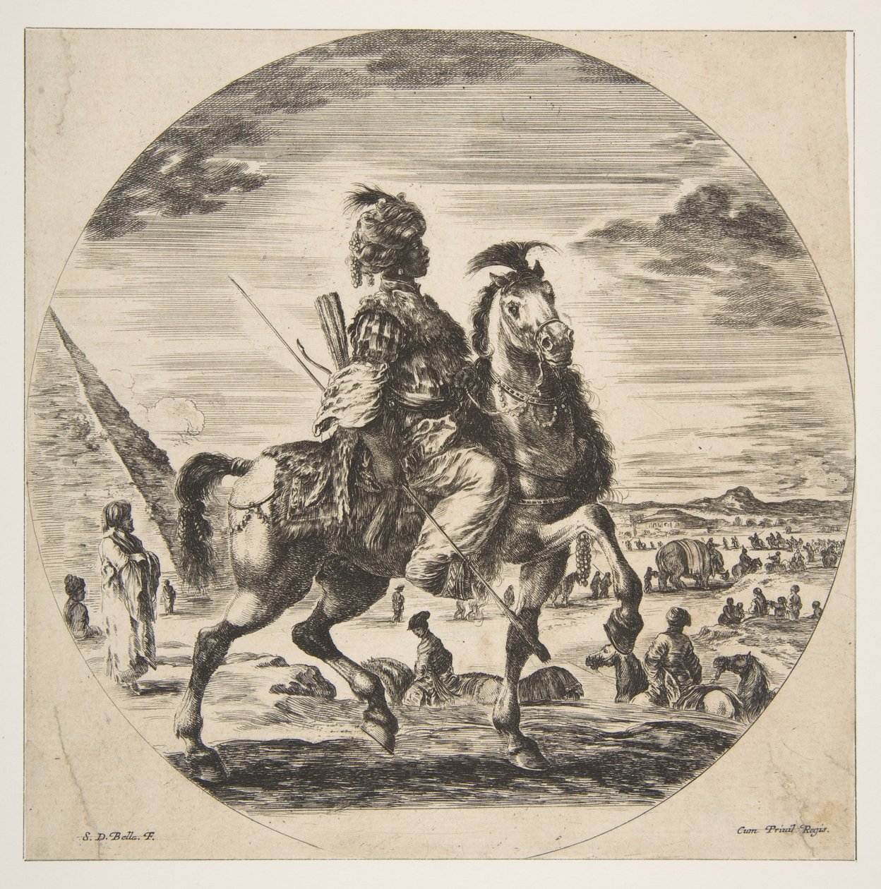 Cavalier Maure de profil face à droite, en arrière-plan une pyramide à gauche - Stefano della Bella