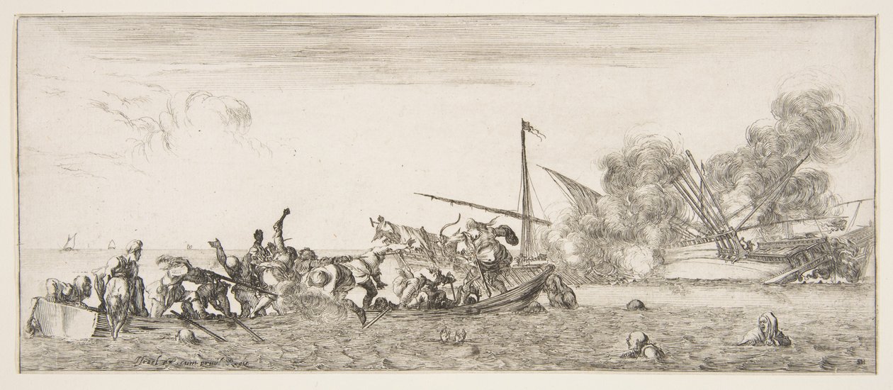 Bataille navale, une chaloupe remplie de personnes se battant avec des mousquets à gauche, des personnes se noient..., vers 1641 - Stefano della Bella