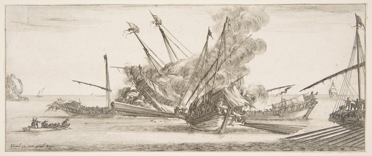 Combat naval, un navire au centre, vu de derrière, tirant sur quatre navires ennemis, un autre..., vers 1641 - Stefano della Bella