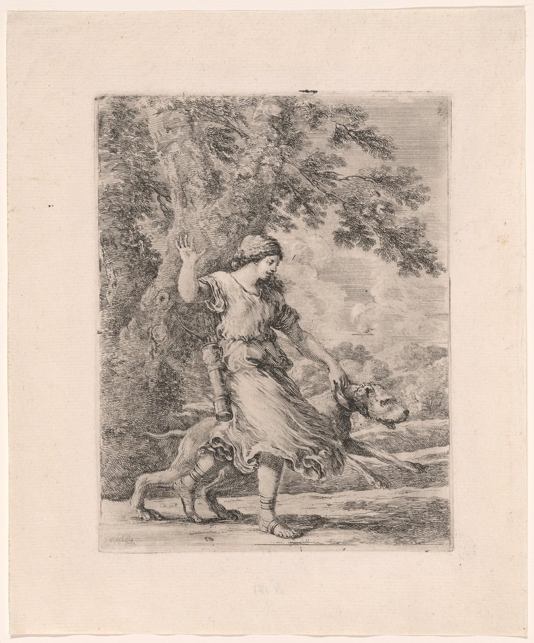 Nymphe tenant un grand chien par le collier, connue sous le nom de La belle chasseresse - Stefano della Bella