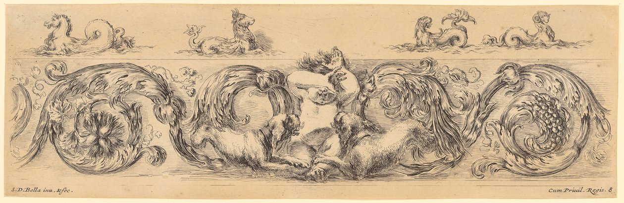 Frise ornementale représentant au centre un enfant nu, flanqué de deux chiens tournés vers lui, surmontée de quatre créatures marines mythologiques - Stefano della Bella