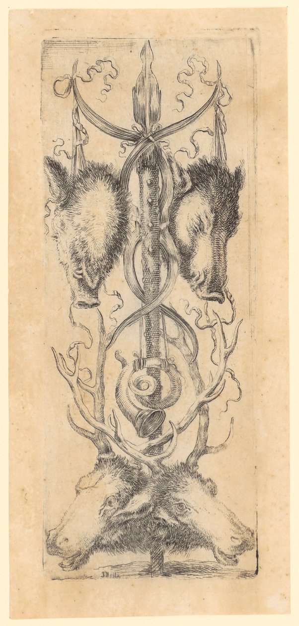 Panneau ornemental comportant deux têtes de sanglier en haut, deux têtes de cerf en bas et une corne au centre, feuille n° 8 de la série « Ornements ou grotesques » - Stefano della Bella