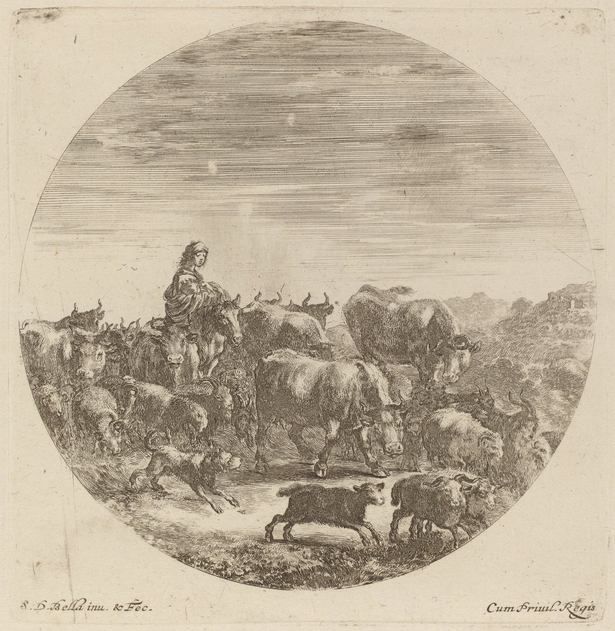 Paysanne assise sur un cheval avec des vaches, des moutons et des chèvres - Stefano della Bella