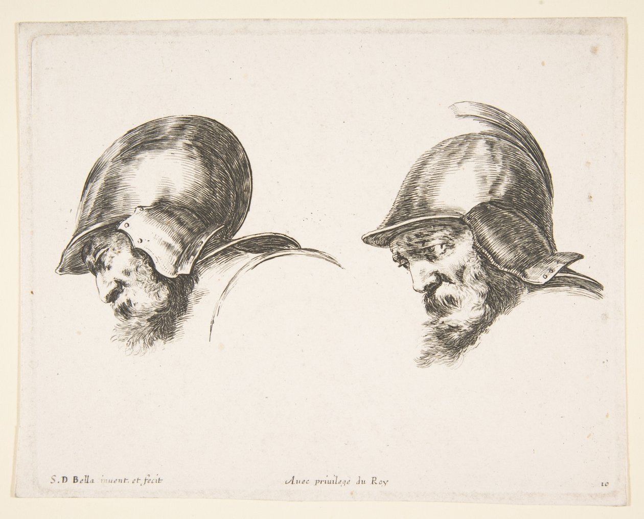 Deux têtes de vieux soldats portant des casques, tous deux regardant vers la gauche - Stefano della Bella