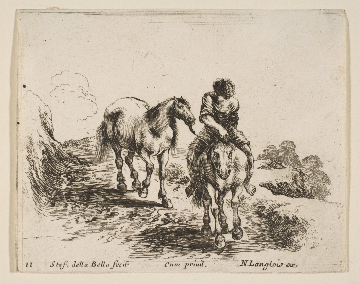 Planche 11 : un jeune cavalier, vu de face, menant un autre cheval, de Divers... - Stefano della Bella