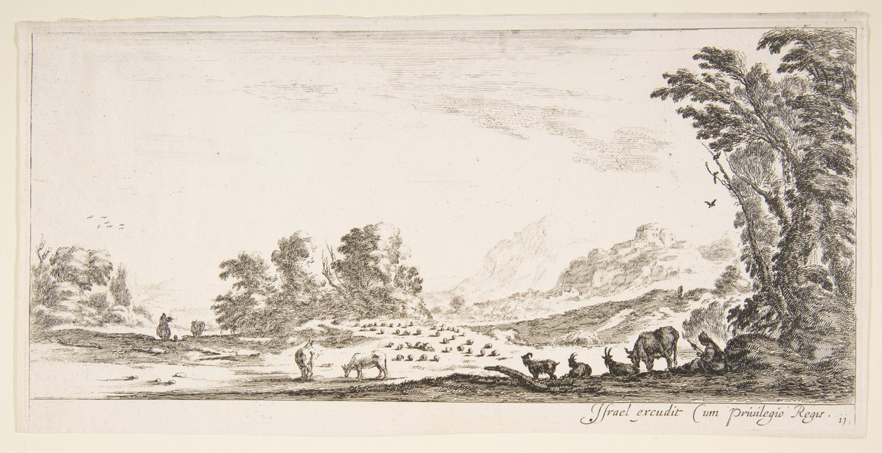 Planche 11 : bergère assise à droite sous un arbre, regardant son troupeau à gauche, vers 1641 - Stefano della Bella