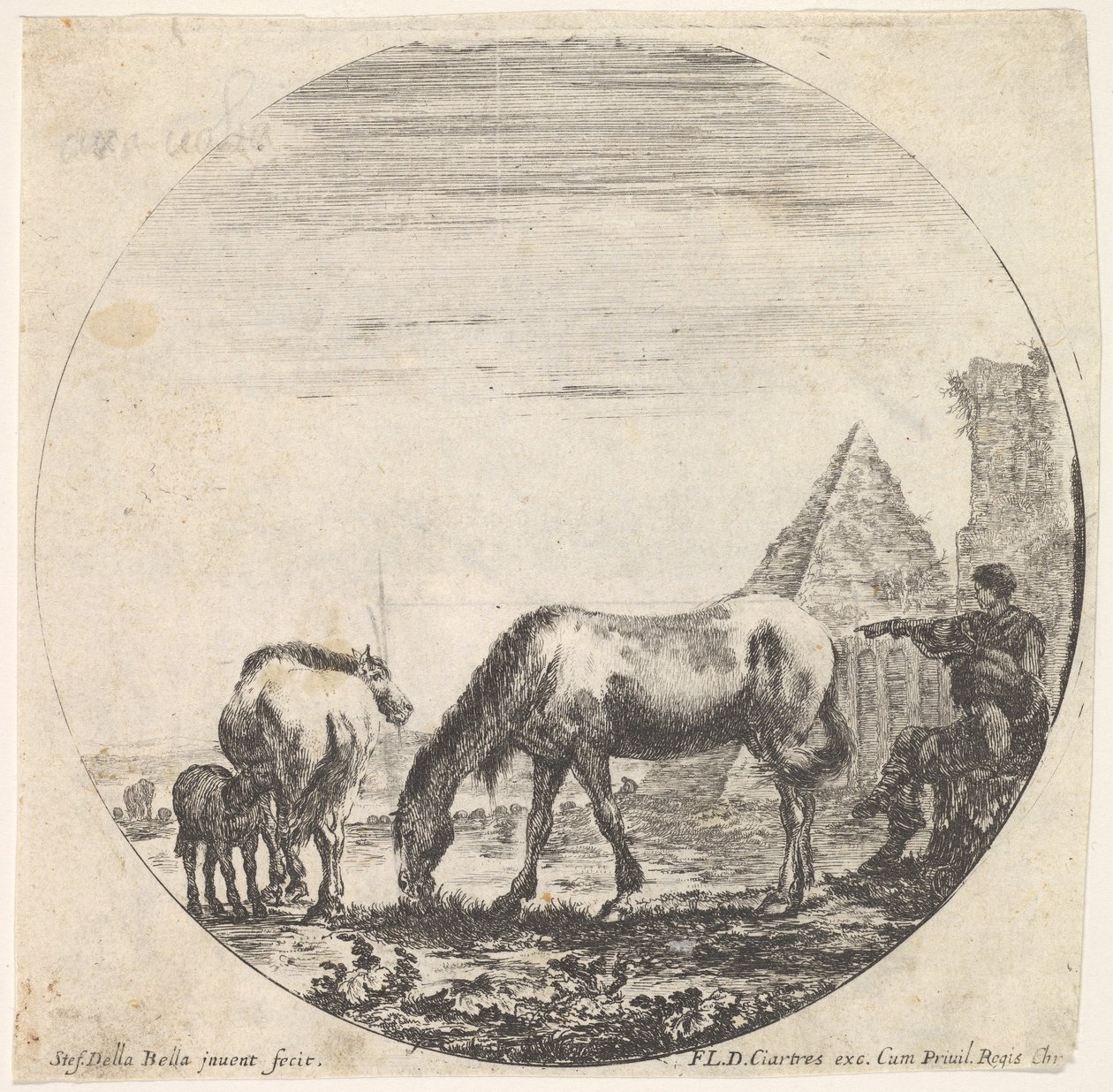 La pyramide de Caius Cestius à droite en arrière-plan, un cheval broutant, vers 1643-48 - Stefano della Bella