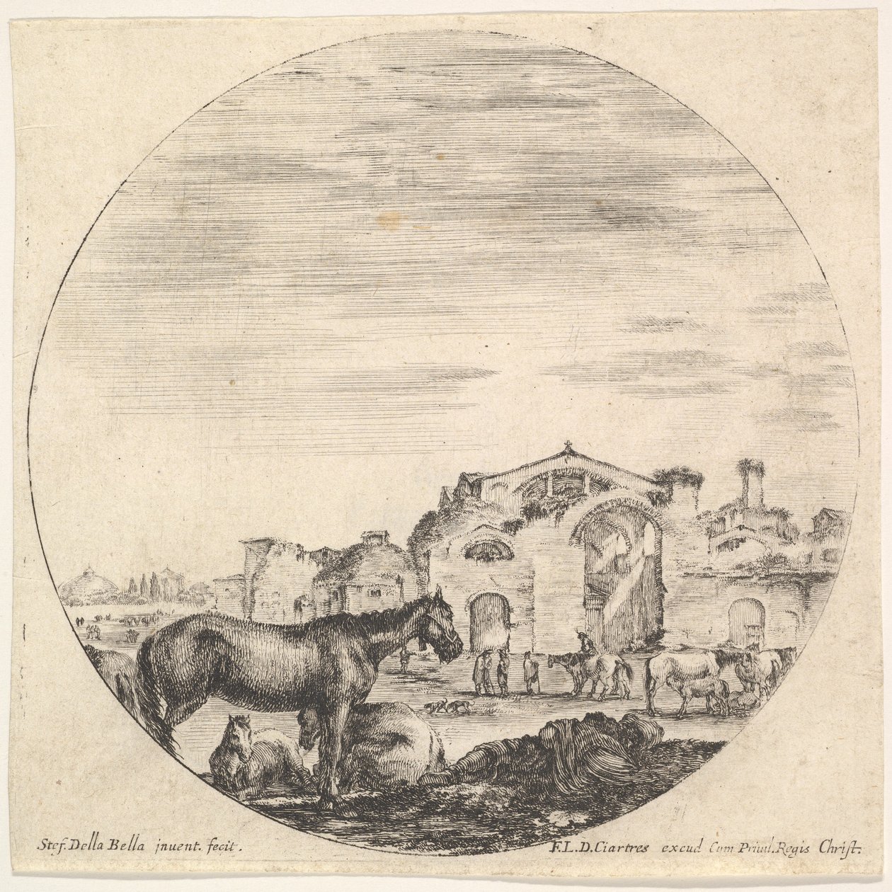 Planche 12 : un berger dormant sur le sol à droite, trois chevaux à gauche, autres h..., ca. 1643-48 - Stefano della Bella