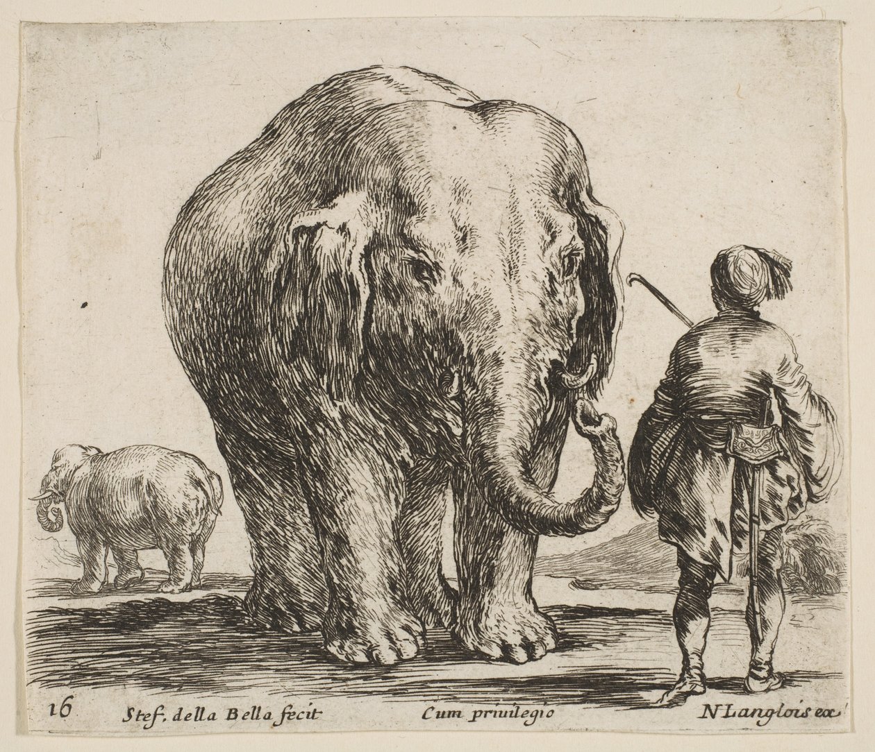 Plate 16: un éléphant au centre, son cornac debout à droite portant une coiffure orientale, ca. 1644-47 - Stefano della Bella