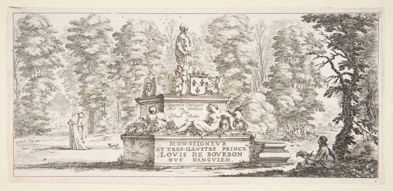 Planche 1 : un monument avec des statues et un blason au centre, un dessinateur sur le..., vers 1643 - Stefano della Bella