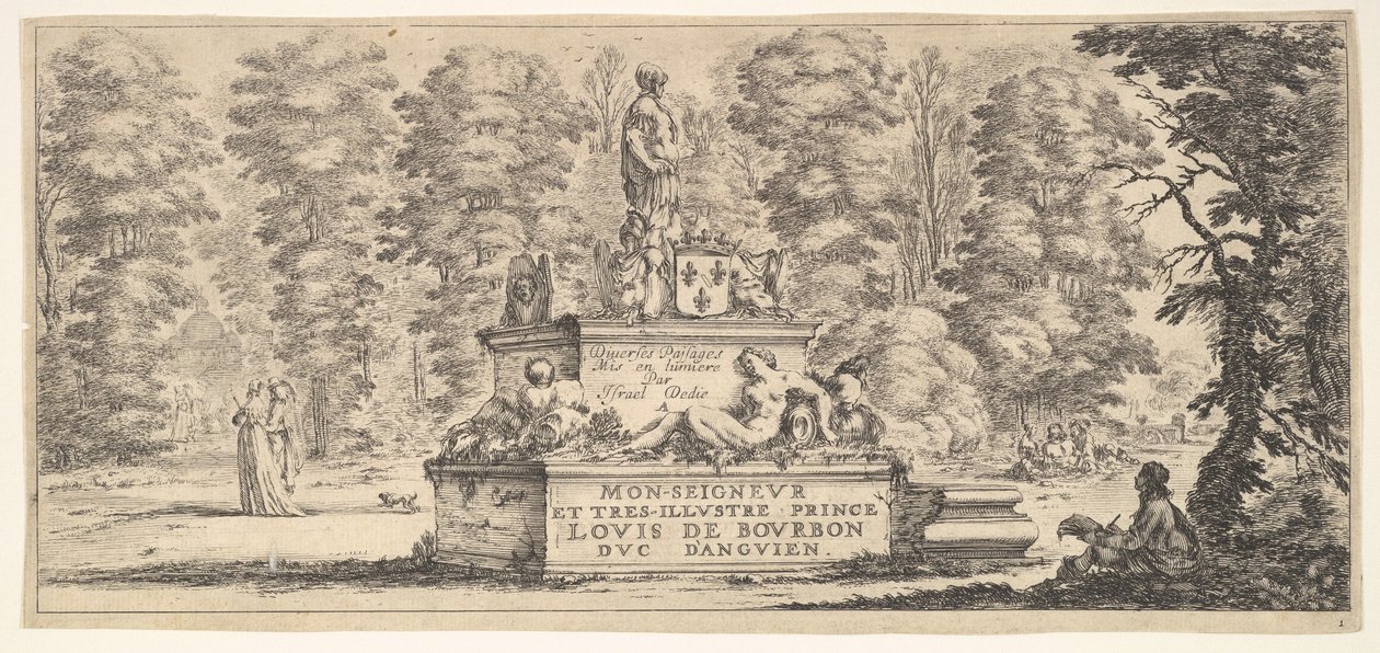 Planche 1 : un monument avec des statues et un blason au centre, un dessinateur sur le..., vers 1641 - Stefano della Bella