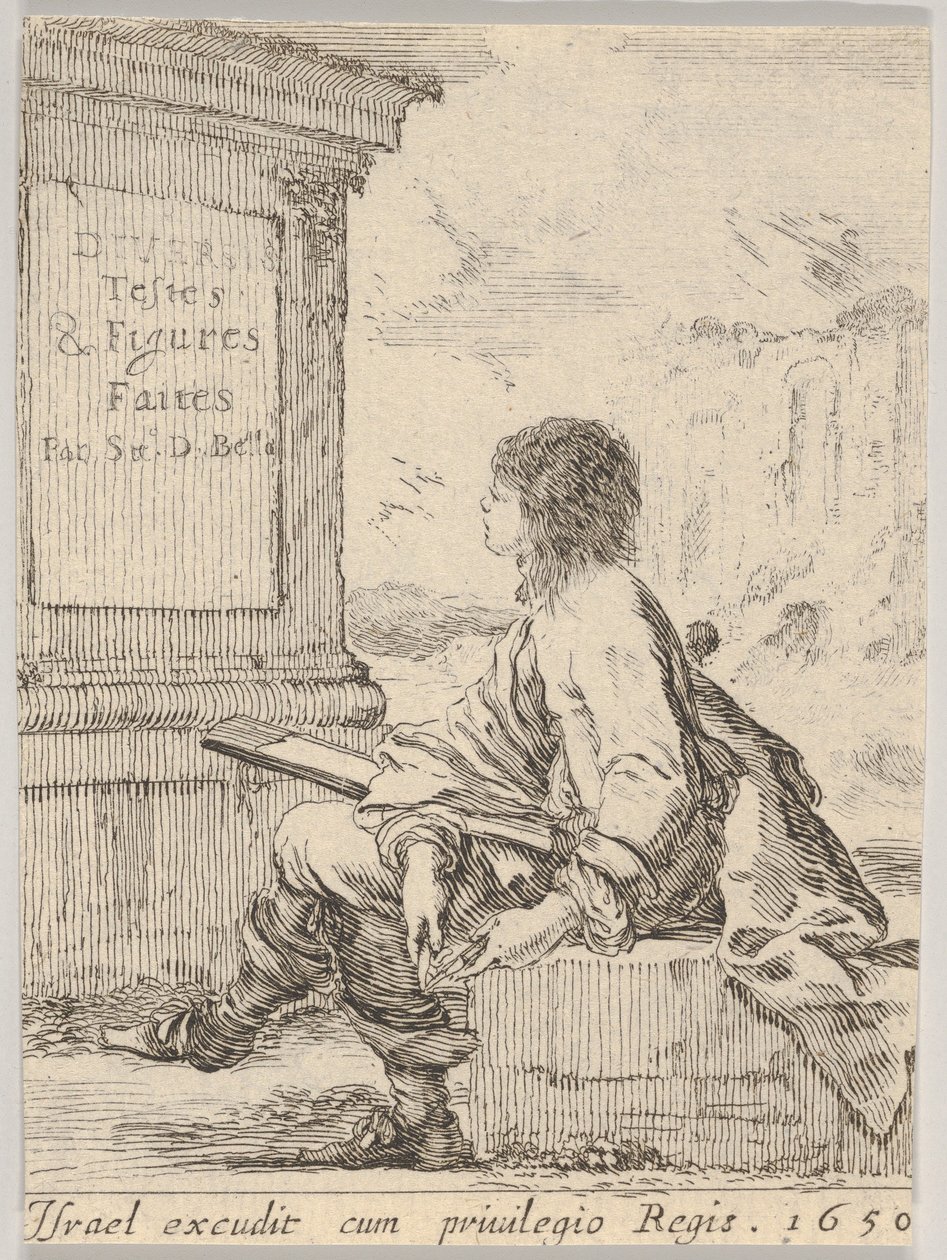 Planche 1 : un jeune homme assis sur une pierre, de profil gauche, tenant un carnet de croquis..., 1650 - Stefano della Bella