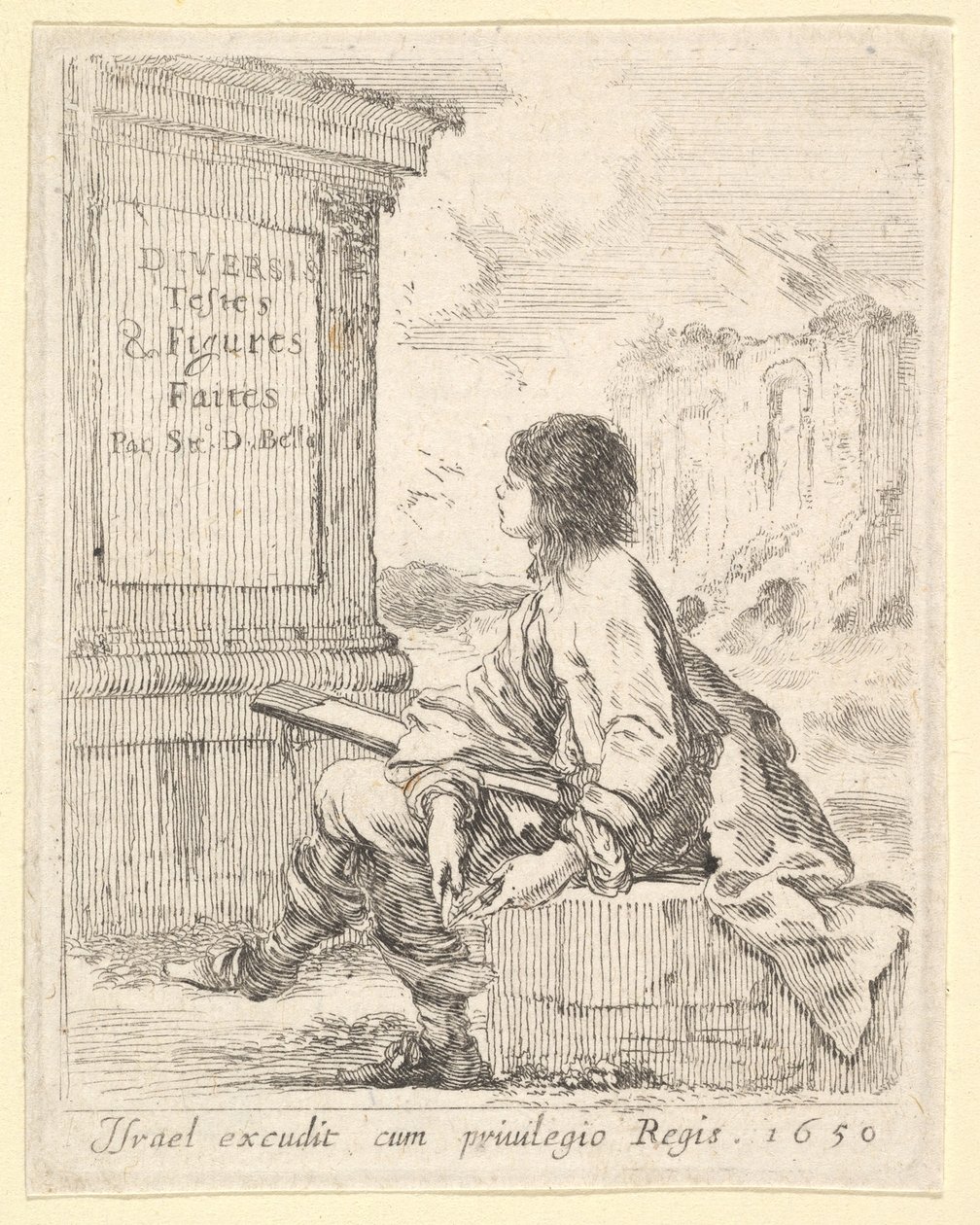 Planche 1 : un jeune homme assis sur une pierre, de profil gauche, tenant un carnet de croquis, 1650 - Stefano della Bella