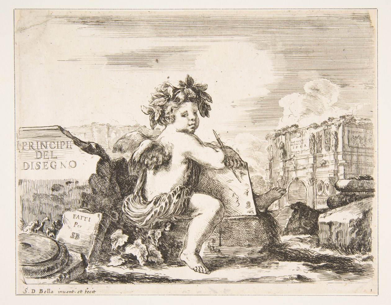 Planche 1 : le génie du dessin, un enfant avec des ailes, assis sur un rocher au centre tourn..., vers 1641-43 - Stefano della Bella