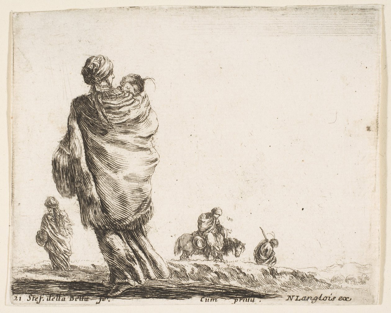 Une femme pauvre à gauche, vue de dos, enveloppant son enfant dans un châle, vers 1644-47 - Stefano della Bella