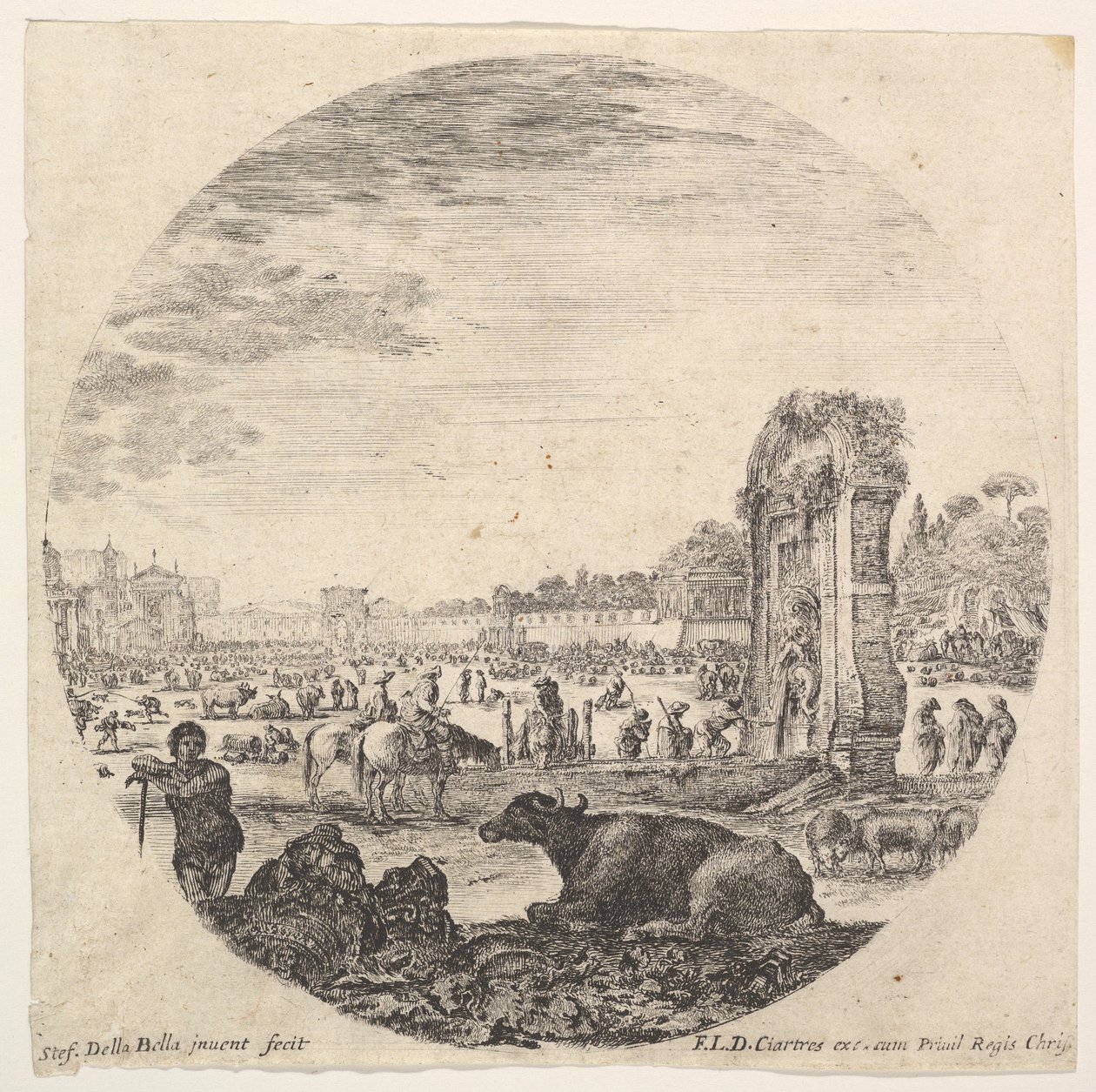 Planche 2: Campo Vaccino, un buffle et deux bergers au centre, le Fontanone à droite, ca. 1643-48 - Stefano della Bella