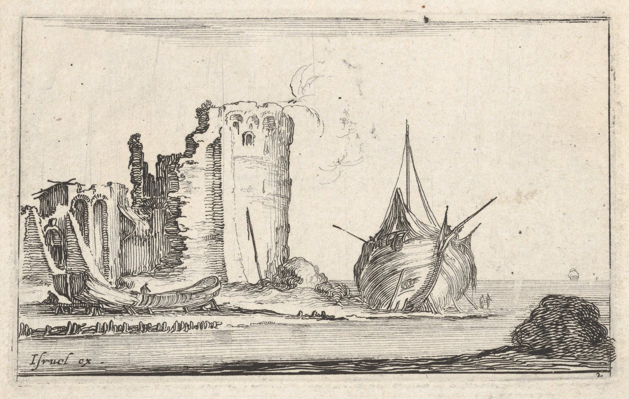 Navire à droite et barque à gauche échoués sur le rivage, tour en ruines (détail) - Stefano della Bella
