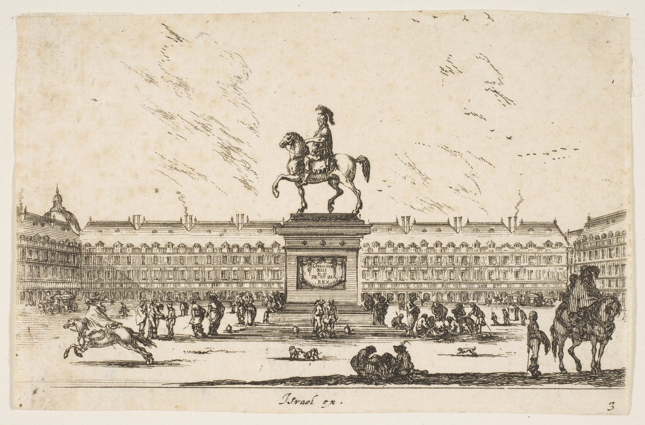 Planche 3 : La Place Royale, statue équestre de Louis XIII de profil face à gauche au centre..., 1642 - Stefano della Bella