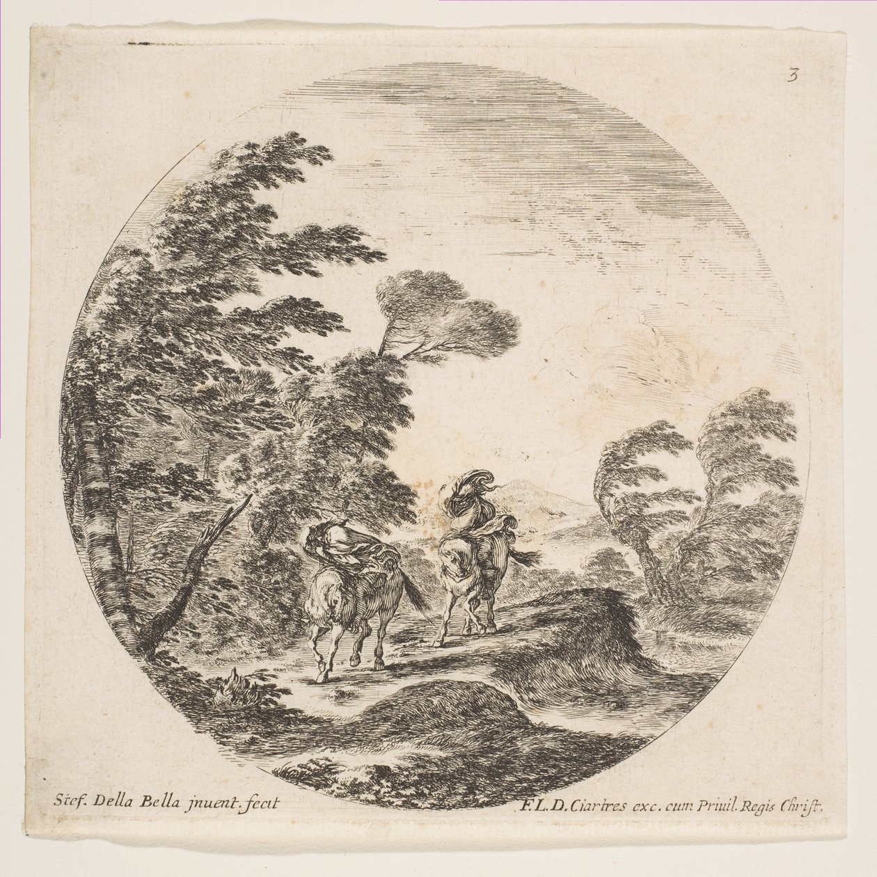 Planche 3 : une tempête dans la forêt, deux cavaliers enveloppés dans leurs manteaux, avec le vent souf..., vers 1646 - Stefano della Bella
